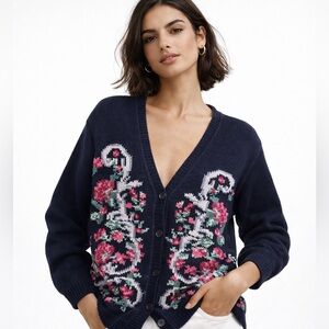 Vintage Kari Cotton Floral Navy Cardigan